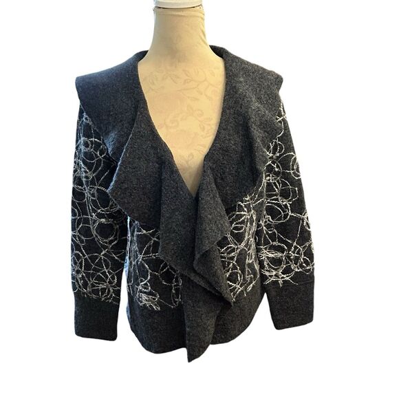 WILLI SMITH Women Cardigan Sweater Gray Boiled Wool Embroidered Flounce Collar L - Picture 2 of 13